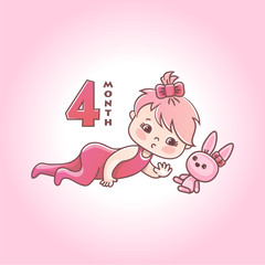 Little baby girl with pink bow and toy bunny. Stages of child development in the first year of life. The four months of a baby girl. Vector Illustration isolated on pink background