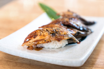 Close up of Unagi Sushi Set Japan eel. Japan food concept in Japanese food restaurant..