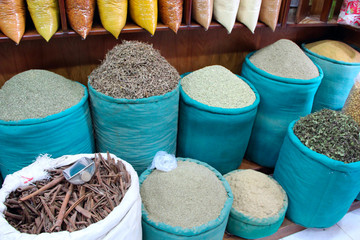 Oriental spices and seasonings in bags and parcels are sold at market