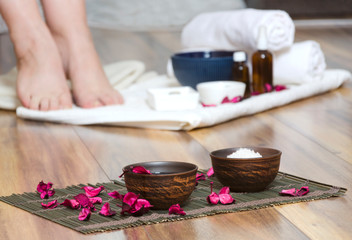 Concept of spa salon therapy. Preparing for pedicure treatments, relaxation mood
