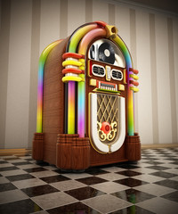 Jukebox standing on checkers ground next to the wall. 3D illustration