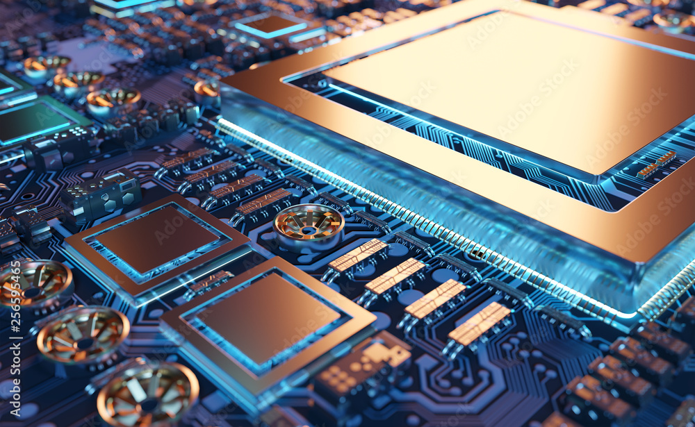 Fototapete close-up view of a modern gpu card with circuit 3d rendering