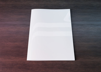 White magazine cover mockup on wood 3d rendering