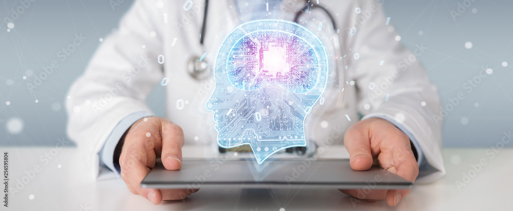 Poster doctor creating artificial intelligence interface 3d rendering