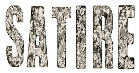 the word  SATIRE made up of lots of cut up newspaper