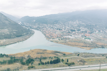 Panoramas of the most beautiful places in Georgia. Jvari and Gori at dawn.