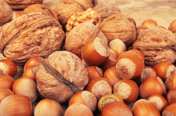 Walnuts and hazelnuts on a wooden table