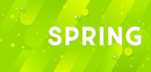 Bright green horizontal abstract banner with graphic elements and inscription Spring. 