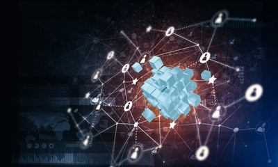 Concept of Internet and networking with digital cube figure on dark background