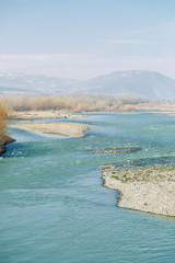 Rivers and mountains on beautiful views in Gori. Nature of Georgia on the panorama.