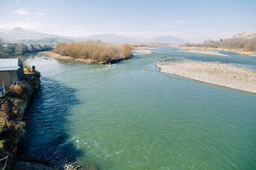 Rivers and mountains on beautiful views in Gori. Nature of Georgia on the panorama.