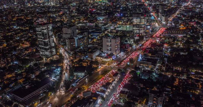 Aerial hyperlapse of the traffic in Mexico City at night.