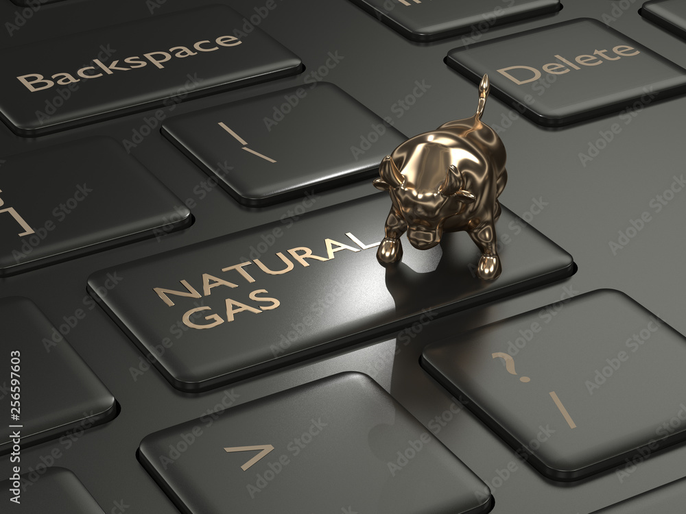 Poster 3d render of keyboard with natural gas button and bull