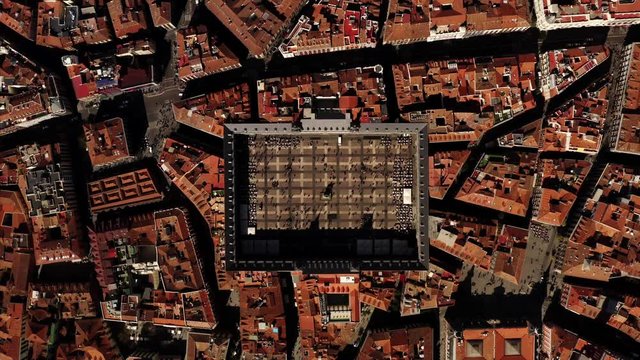 The Plaza Mayor in Madrid, Spain, from above. The camera is looking straight down to the major sight in the capital.
