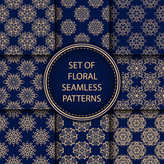 Compilation of floral patterns. Golden design with flowers on dark blue background