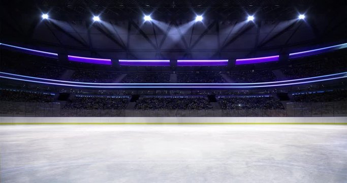 Ice hockey arena interior illuminated loop animation. Hockey and skating stadium 4k footage static loop background.
