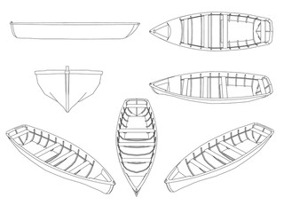 Set with contours of wooden boats. Boats of black lines on a white background. Boats isolated on white background. Different points of view. Vector illustration © German Ovchinnikov