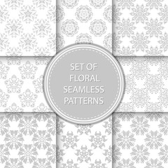Compilation of floral patterns. Gray design with flowers on white background