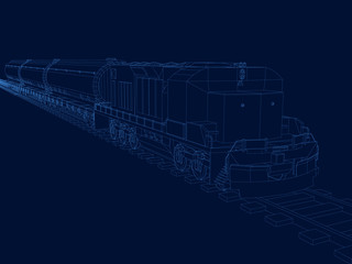 Vector outline of the train with the Wagons. Contour train with wagons of blue lines on a dark background. Isometric view. 3D. Vector illustration