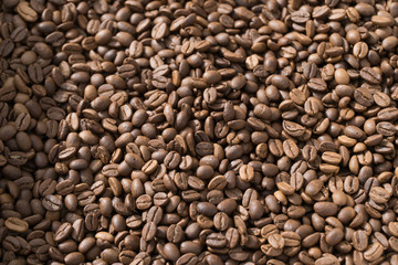 Coffee beans background top view. Close Up.