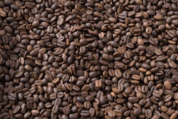 Coffee beans background top view. Close Up.