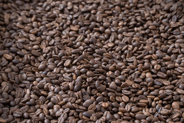 Coffee beans background top view. Close Up.