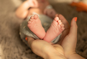 Baby feet in mother hands. Tiny Newborn Baby's feet on female Shaped hands closeup. Mom and her Child. Happy Family concept. Beautiful conceptual image of Maternity
