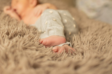 Feet of tiny newborn baby close up. The concept of a happy family. Beautiful conceptual image of...