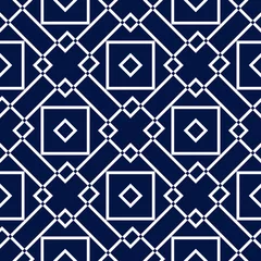 Muurstickers Donkerblauw Geometrische vierkante print. Wit patroon op donkerblauwe naadloze achtergrond