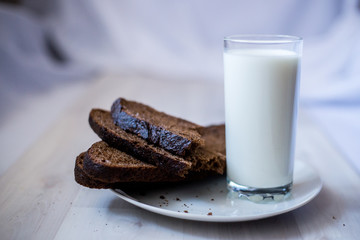 a glass of milk and slices of rye bread on a saucer