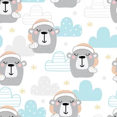 Tapeten Nettes nahtloses Muster mit lustigem Teddybär. Vektor-Illustration. Muster mit Bär und Wolken © iryna_boiko