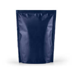 Blue blank paper pouch coffee bag isolated on white background. Packaging template mockup...