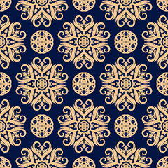  Dark blue seamless background with golden flowers