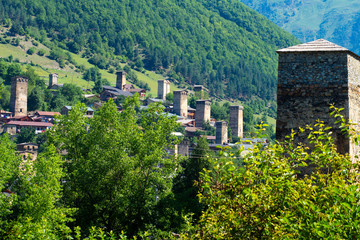 The Svan towers in Mestia mountain village, Svaneti region, Georgia.