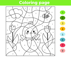 Educational number coloring page for preschool children. Vector kawaii chick hatched from egg. Spring flowers.