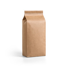 Brown craft paper bag packaging template with stitch sewing isolated on white background. Packaging...