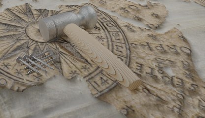 A 3D illustration of an hammer and nails 