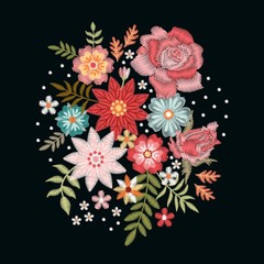 Embroidery pattern with fantasy flowers. Colorful bouquet on black background. Floral vector illustration.