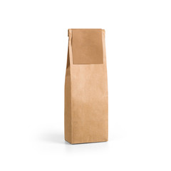 Brown craft paper bag packaging template with label isolated on white background. Packaging...