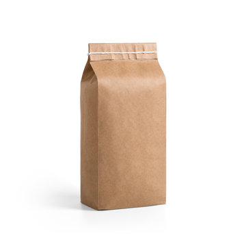 Brown craft paper bag packaging template with stitch sewing isolated on white background. Packaging template mockup collection. With clipping Path included. Stand-up pouch Half side view package