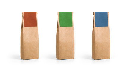 Brown craft paper bag packaging template with color labels isolated on white background. Packaging template mockup collection. With clipping Path included. Stand-up pouch Half side view package