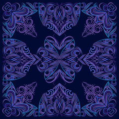 Bandana. Classic pattern with elements of pinstriping. Blue background. Vector print square.