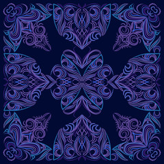 Bandana. Classic pattern with elements of pinstriping. Blue background. Vector print square.
