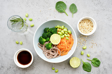 Vegan bowl of noodles, broccoli, edamame and carrots. Poke or buddha bowl. Clean eating  food...