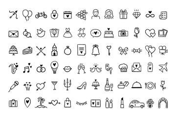 Wedding icons set. Hand drawn vector wedding symbols and signs on white background