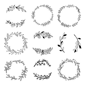 Vector black outline wreaths. Hand drawn wreaths and leaves compositions. Nature elements and botanical decorations