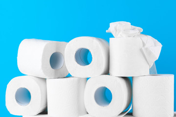 Toilet paper. Close up shot on blue background