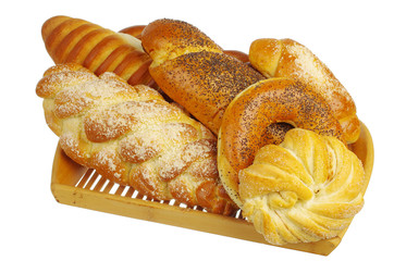 Baked goods in a basket on a white background. Isolated on white