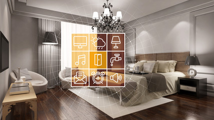 Elegant hotel room with smart home interface - obrazy, fototapety, plakaty