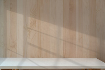 White table with wooden wall.